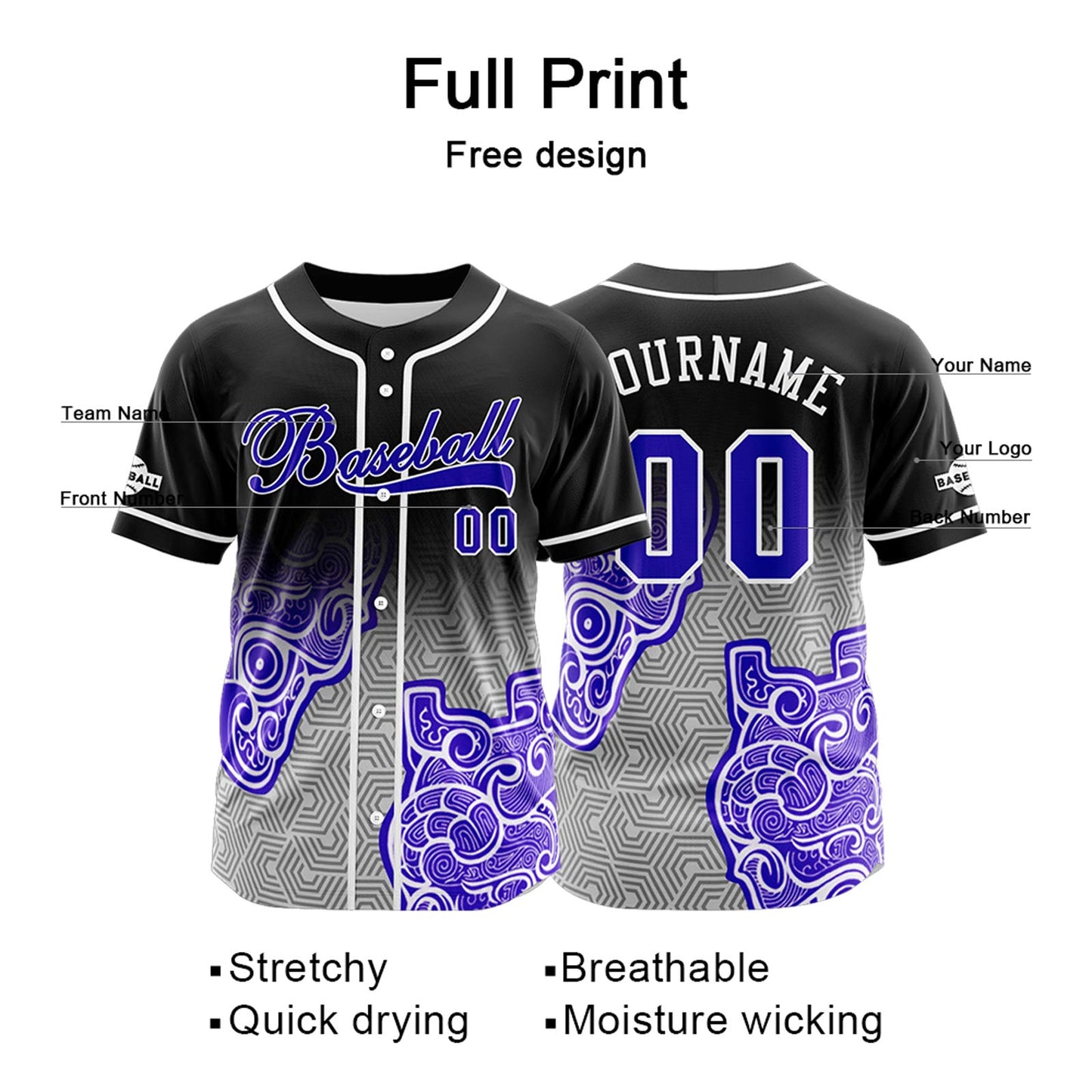 Custom Black Purple Button Down Baseball Jersey for Men Women Adult Youth Print Name Number Logo