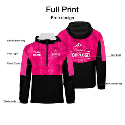 Custom Pink Camouflage Windproof Softshell  Hooded Jacket - Lightweight Full - Zip, Full Print Logos & Texts