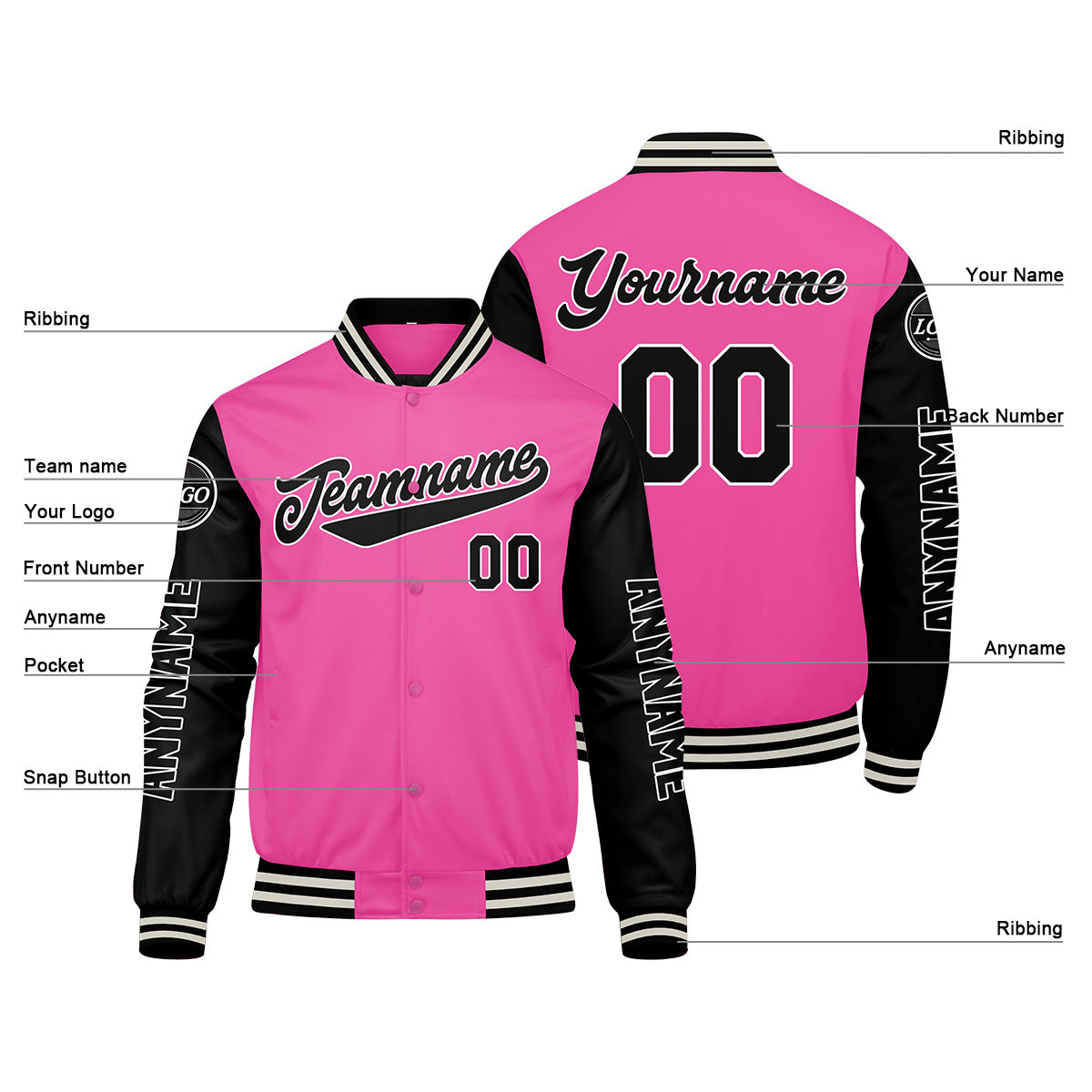 Custom Pink Black Varsity Jackets for Men Women Youth Personalized Letterman Jackets