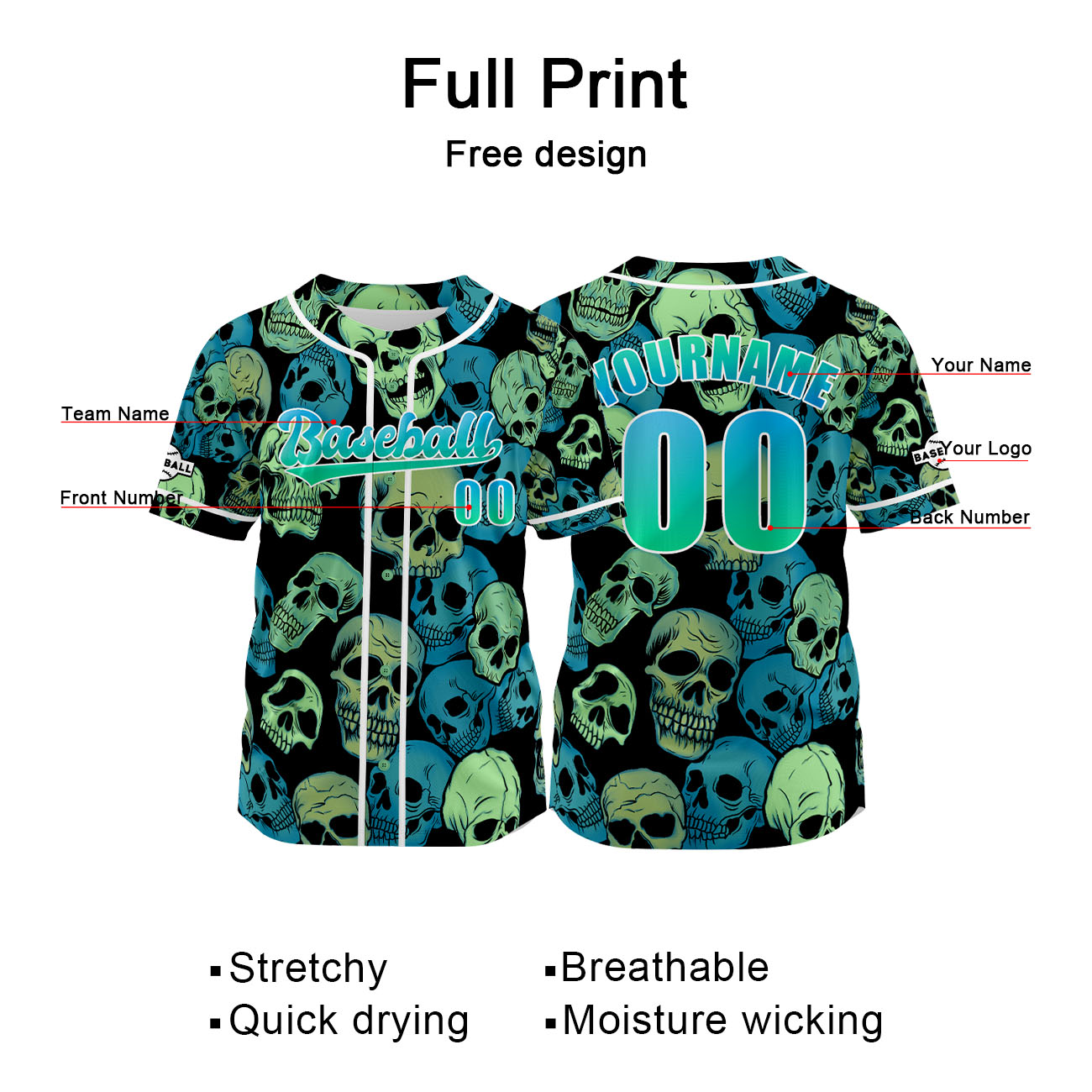 Custom Green Bule Baseball Jersey Print Personalized Name, Number and Logo