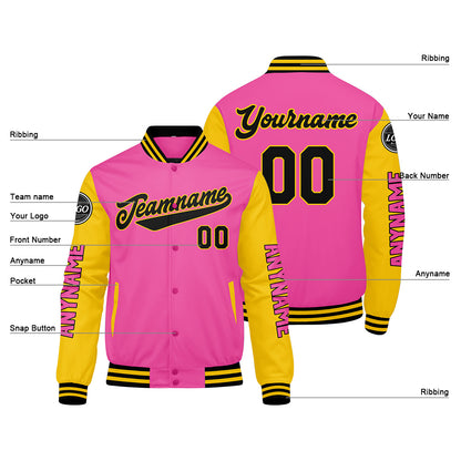 Custom Pink Yellow Black Varsity Jackets for Men Women Youth Personalized Letterman Jackets