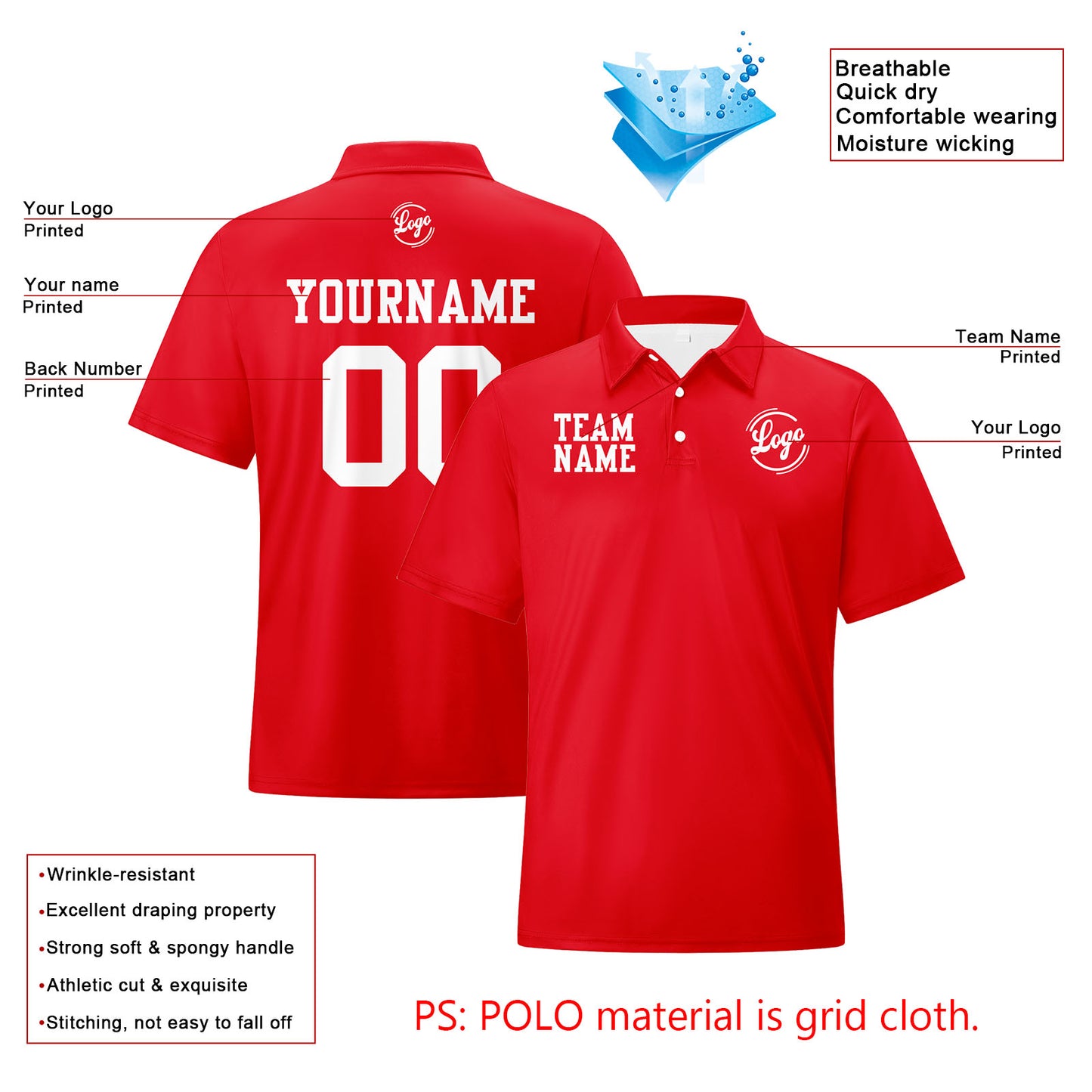 Custom Red White Football Polo Shirts  Add Your Unique Logo/Name/Number
