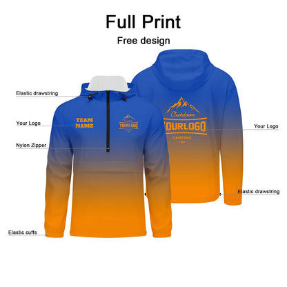 Custom Blue Orange Windproof Softshell  Hooded Jacket - Lightweight Full - Zip, Full Print Logos & Texts