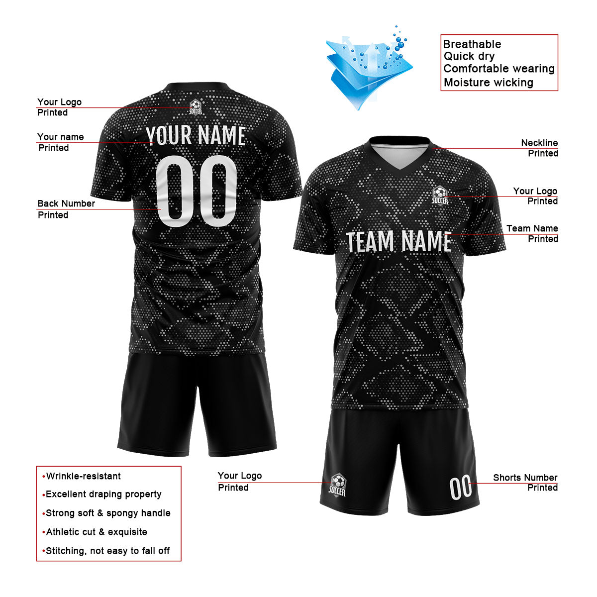 Custom Black Uniform Jersey Kids Adults Personalized Set Jersey Shirt