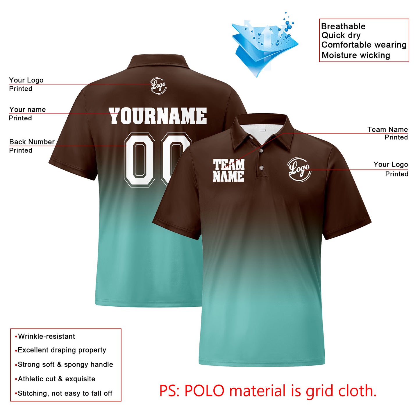 Custom Brown Cyan Football Gradient Polo Shirts  Add Your Unique Logo/Name/Number
