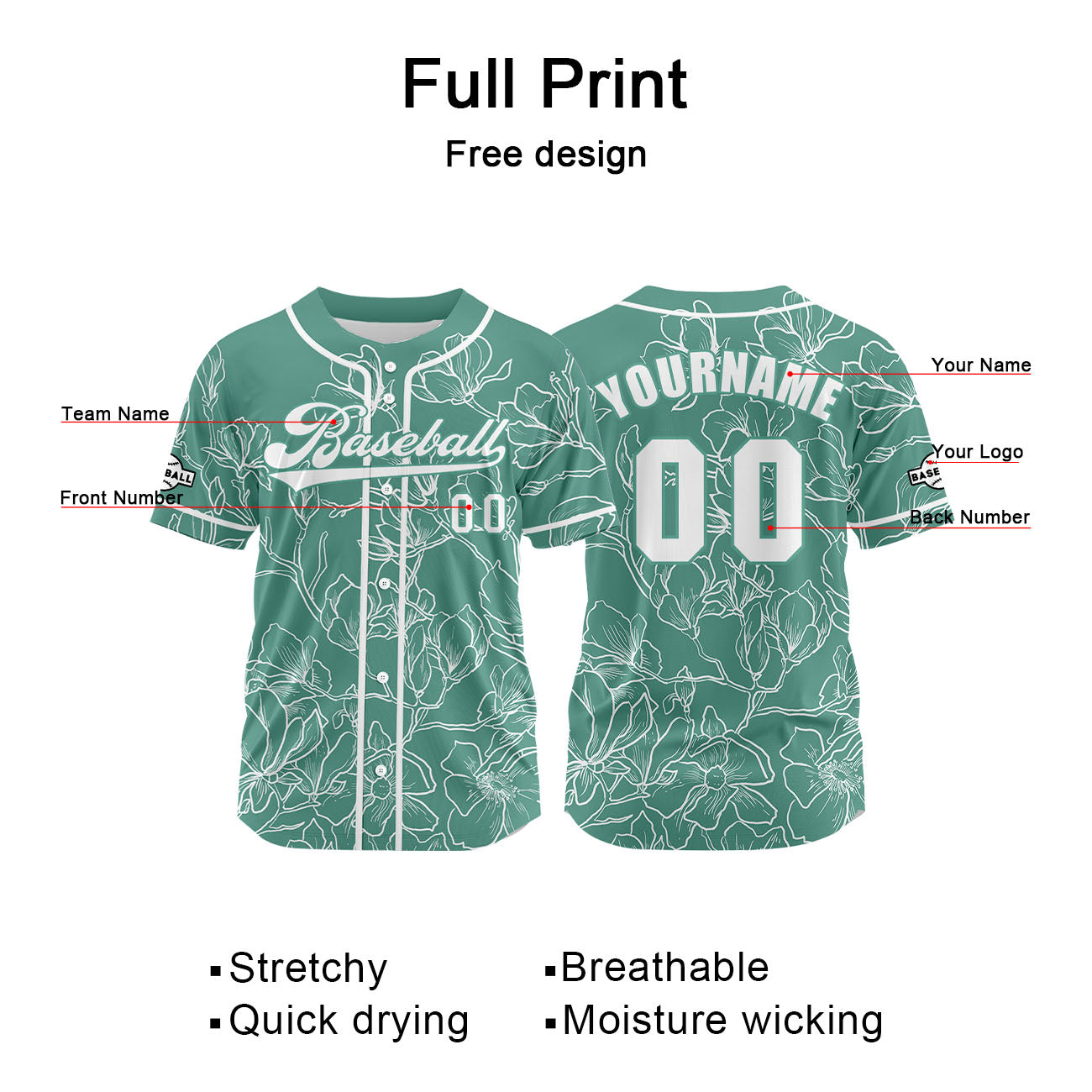Custom Green Baseball Jersey Print Personalized Name, Number and Logo