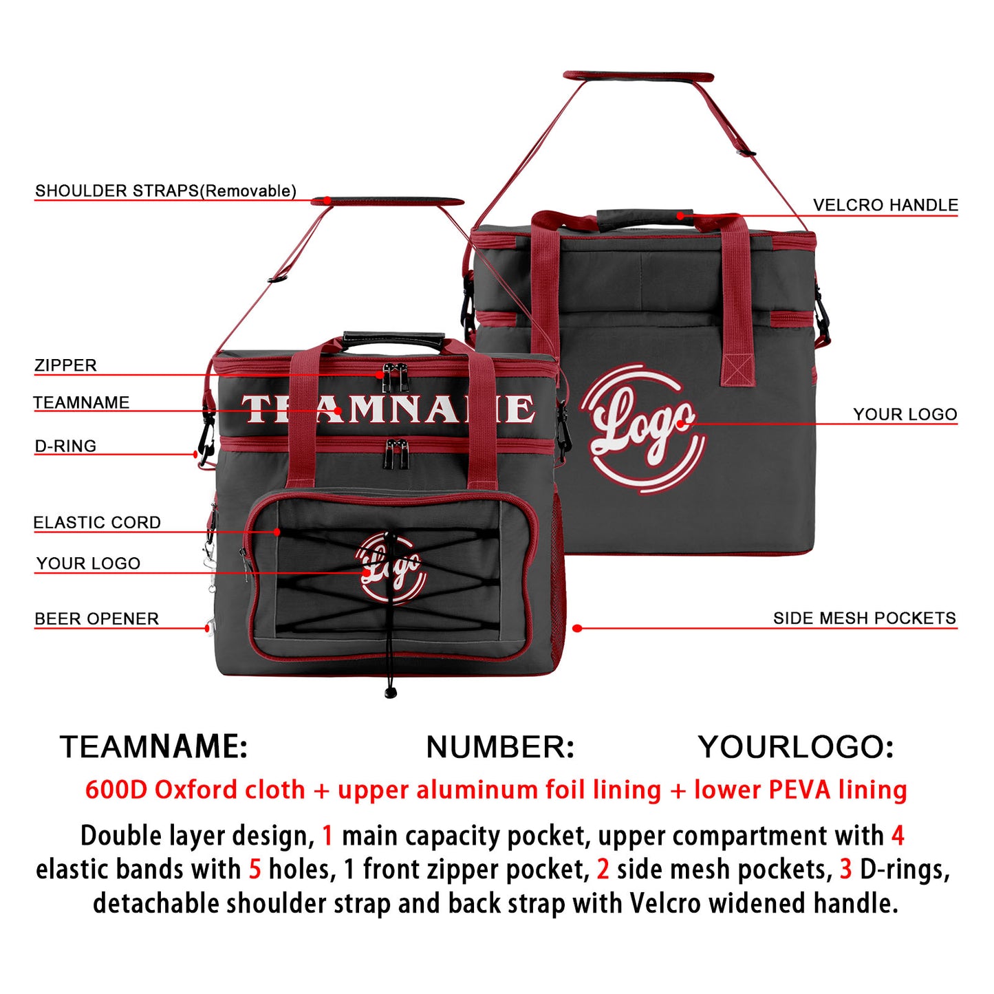 Custom Gray Red Double Layer Insulated Cooler Bag - 600D Oxford Waterproof Picnic Tote for Camping, Hiking & BBQ - Large Capacity Thermal Lunch Bag
