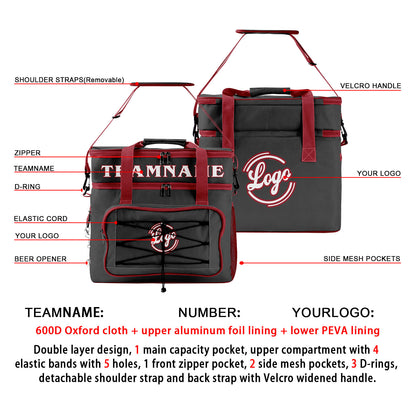 Custom Gray Red Double Layer Insulated Cooler Bag - 600D Oxford Waterproof Picnic Tote for Camping, Hiking & BBQ - Large Capacity Thermal Lunch Bag