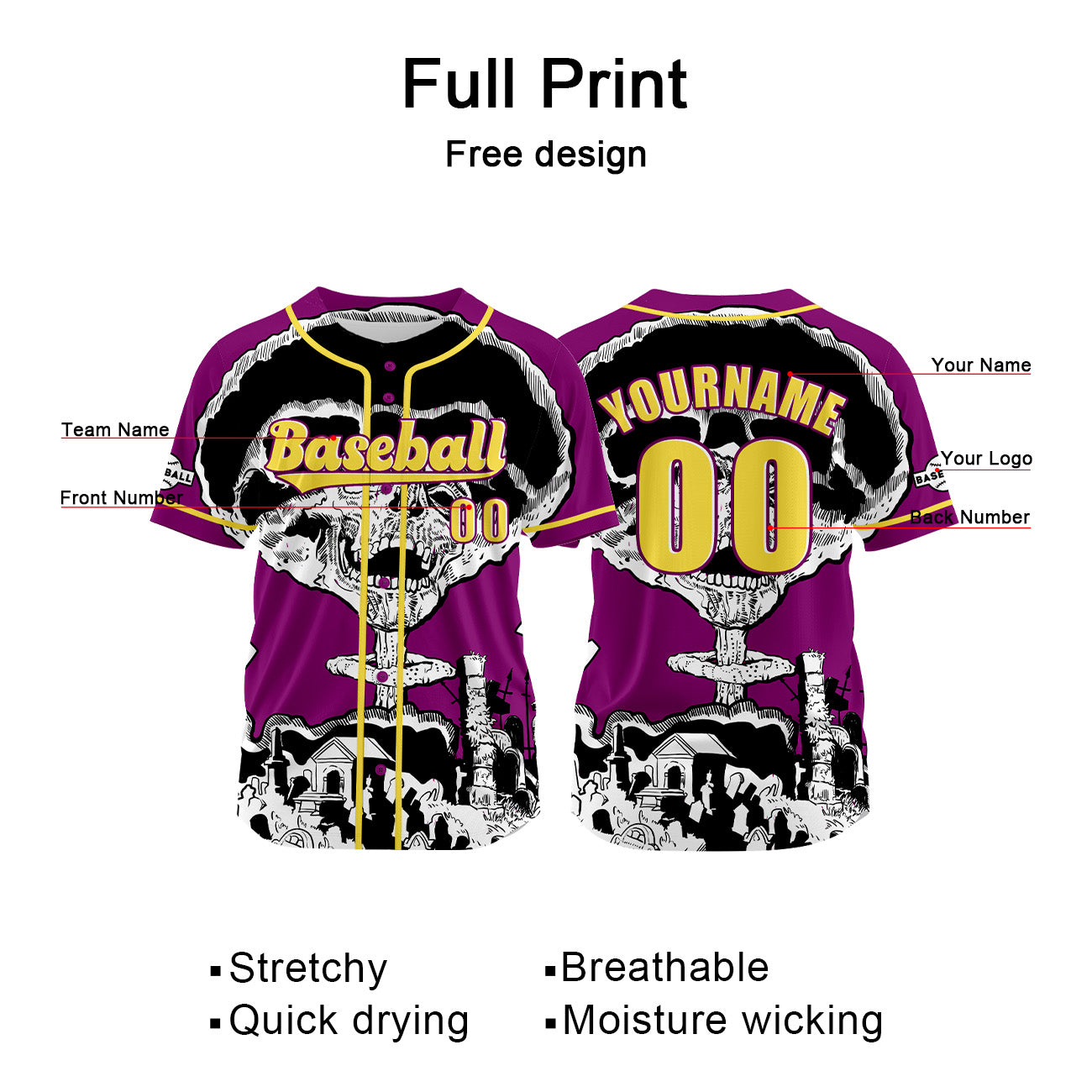 Custom Purple Baseball Jersey Print Personalized Name, Number and Logo