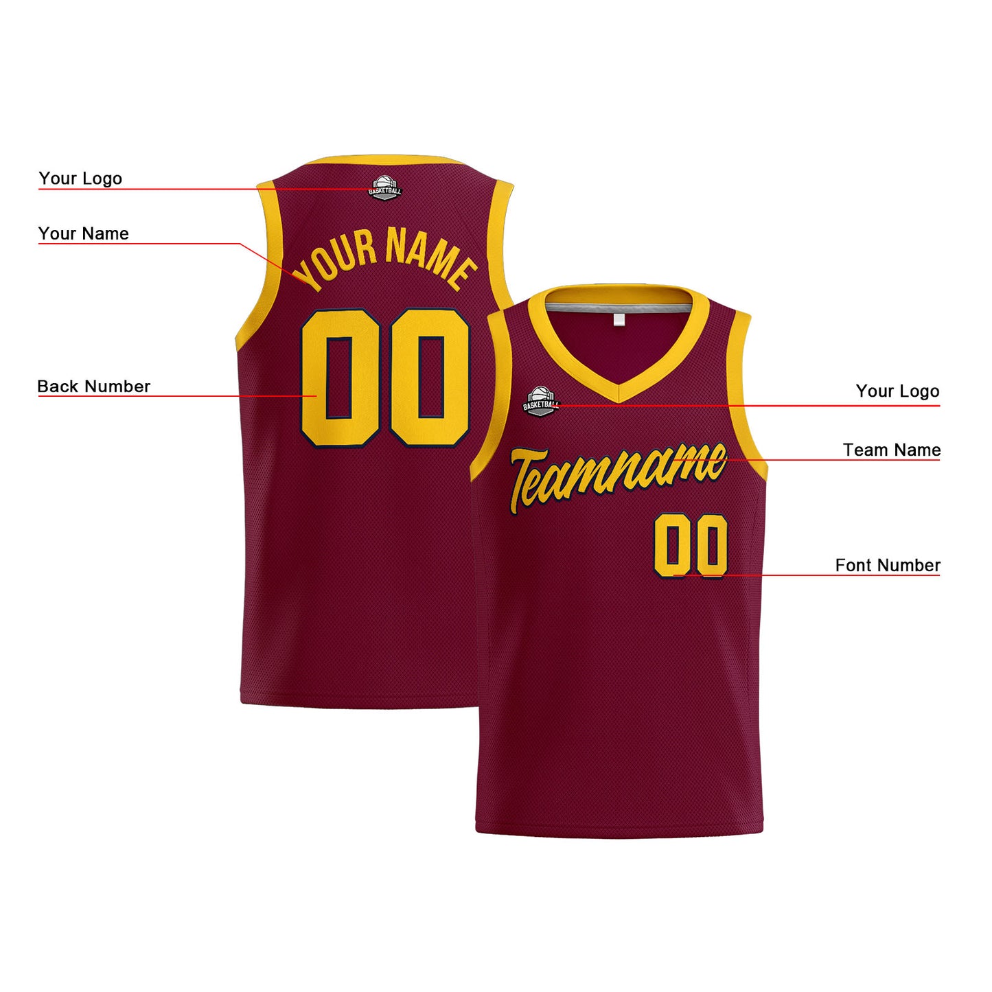 Custom Burgundy Yellow Basketball Jersey for Men Women Adult Youth Stitched Name Number Logo