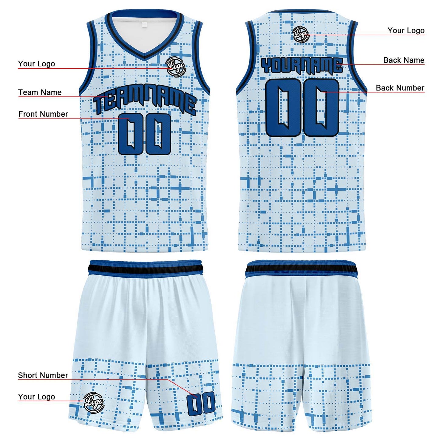 Custom Light Blue Reversible Basketball Suit for Adults and Kids Personalized Jersey