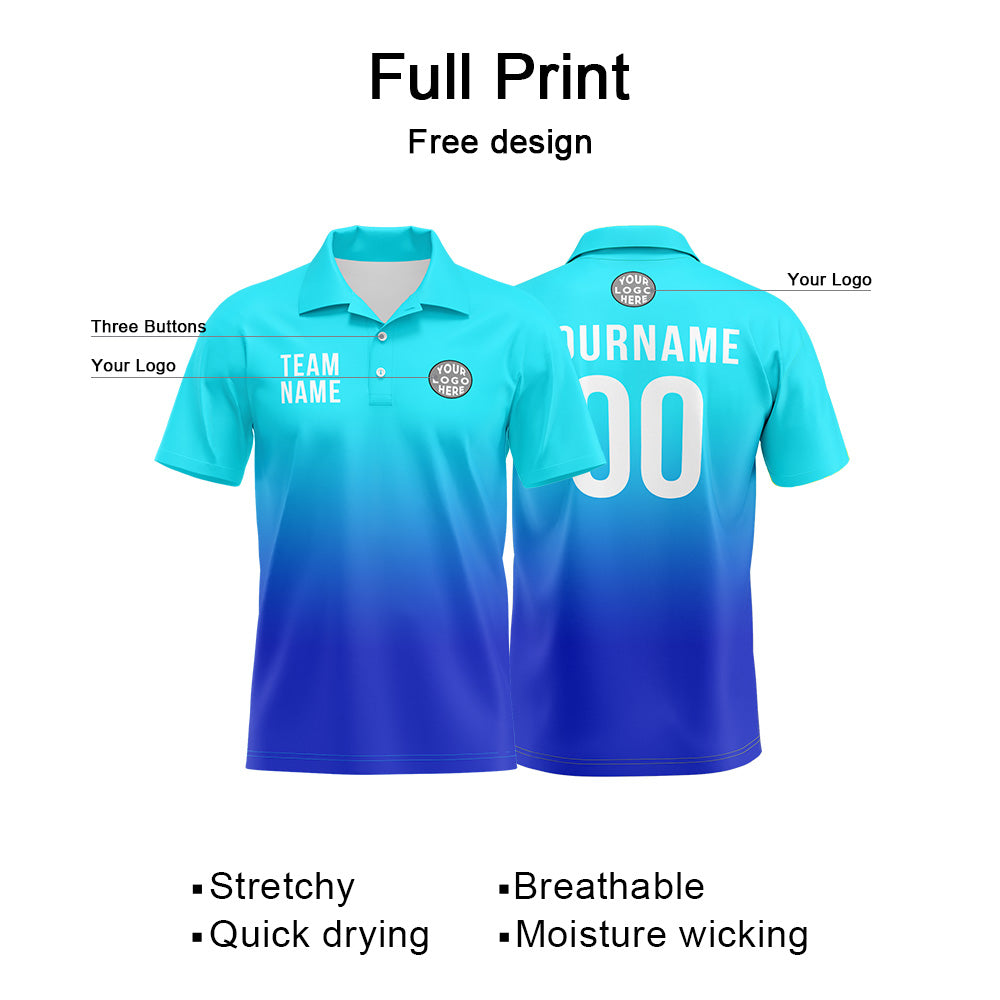 Custom Light Blue Blue Football Gradient Polo Shirts  Add Your Unique Logo/Name/Number