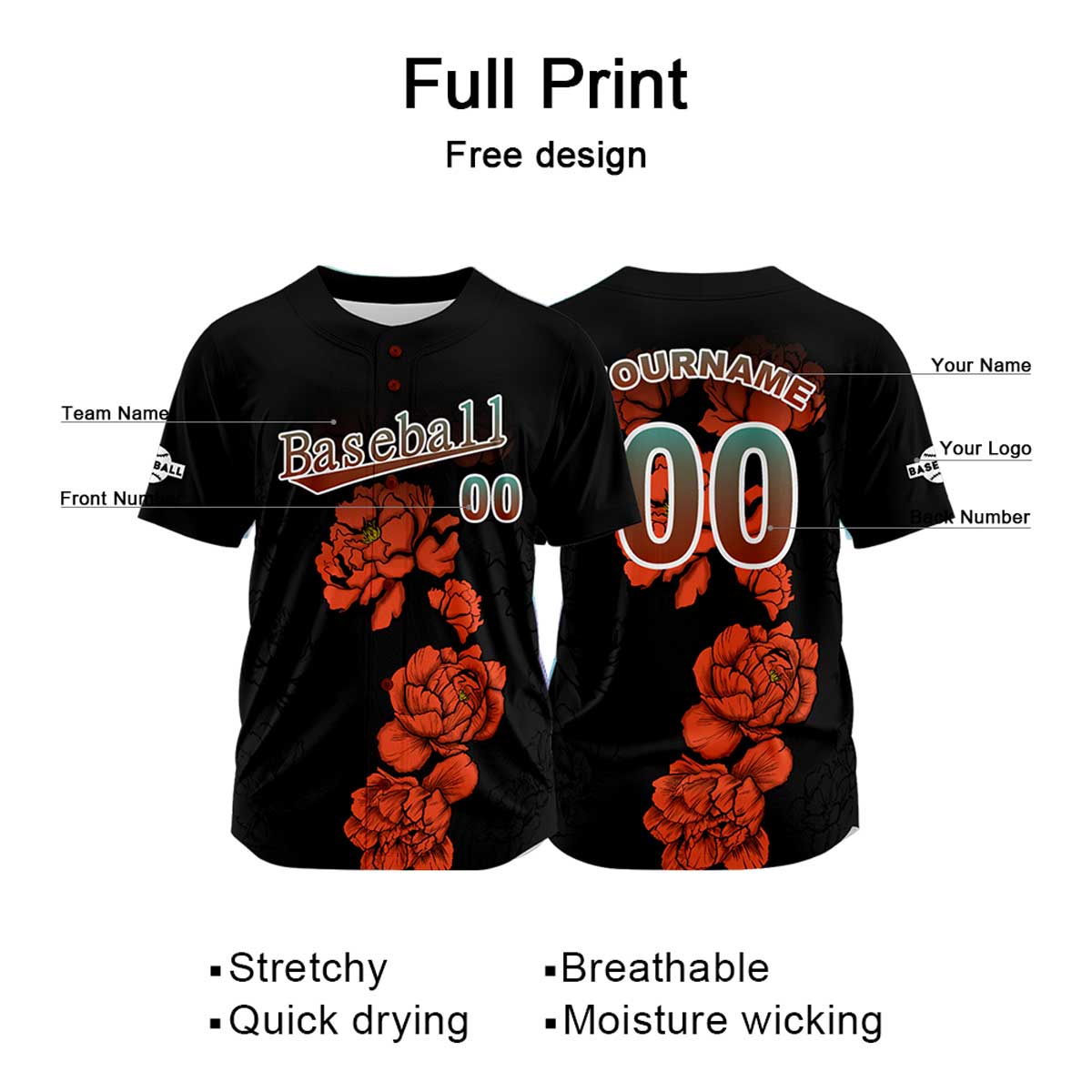 Custom Black Baseball Jersey Print Personalized Name, Number and Logo