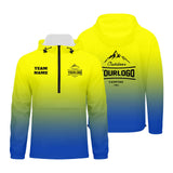 Custom Yellow Blue Windproof Softshell  Hooded Jacket - Lightweight Full - Zip, Full Print Logos & Texts