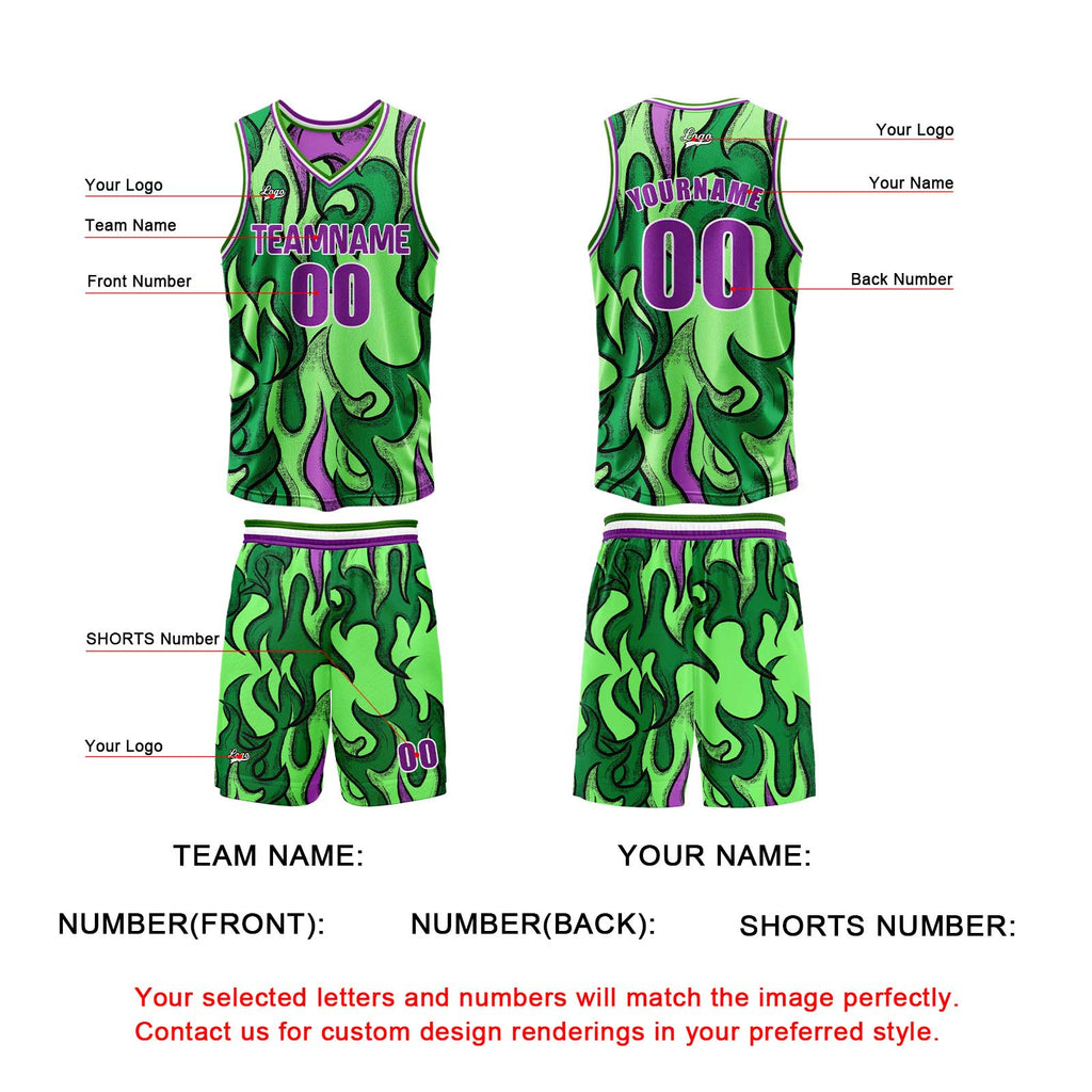 Custom Green Purple Reversible Basketball Suit for Adults and Kids Personalized Jersey