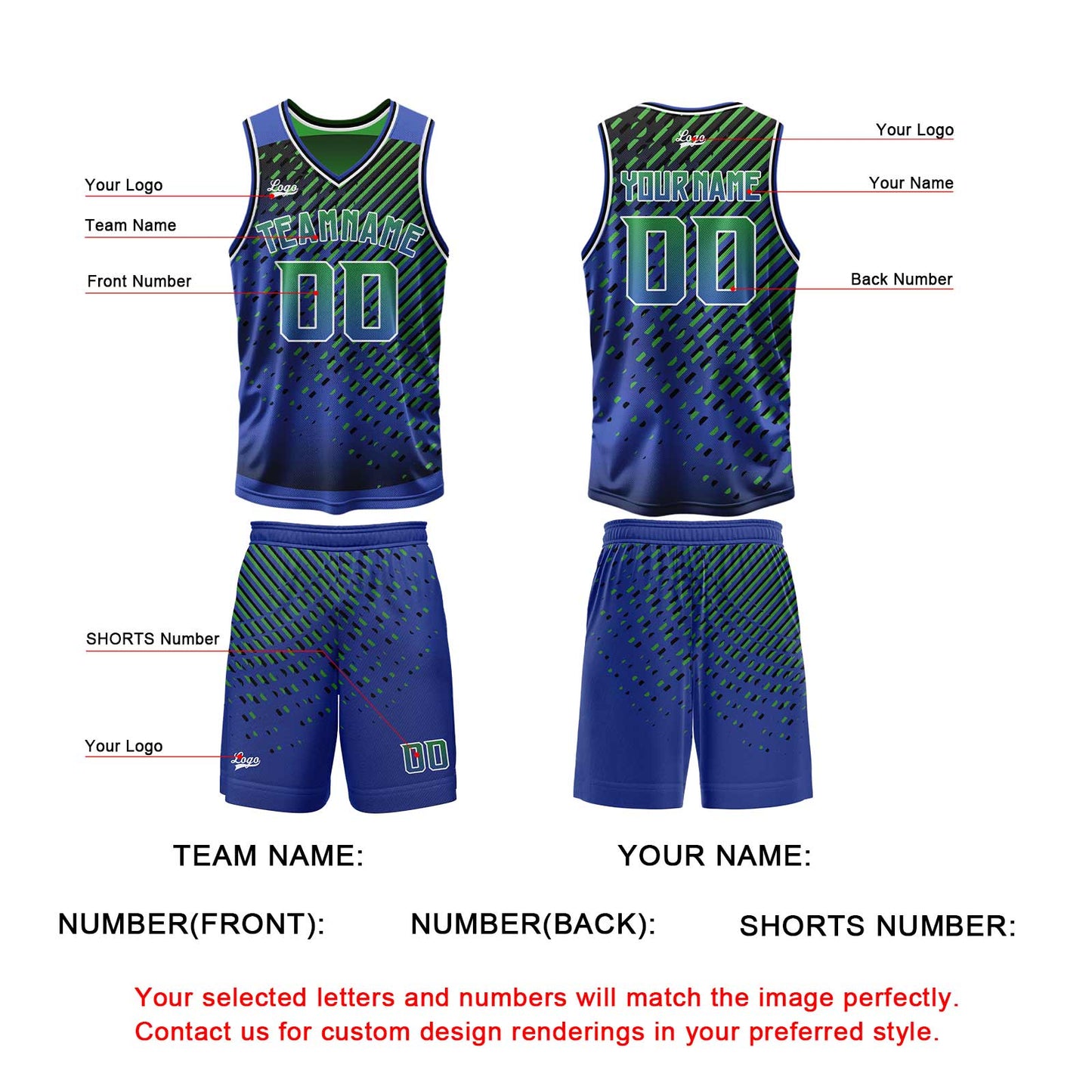 Custom Blue Green Reversible Basketball Suit for Adults and Kids Personalized Jersey