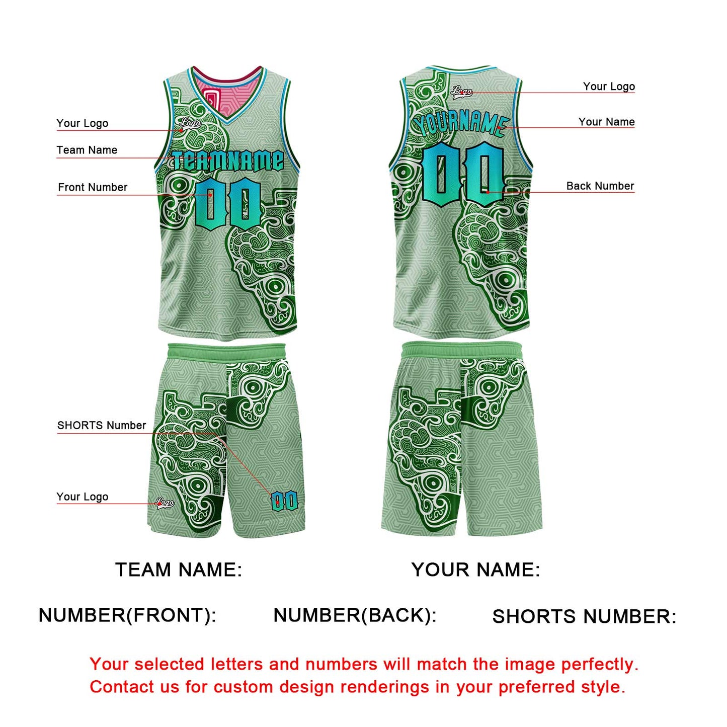 Custom Green Pink Reversible Basketball Suit for Adults and Kids Personalized Jersey
