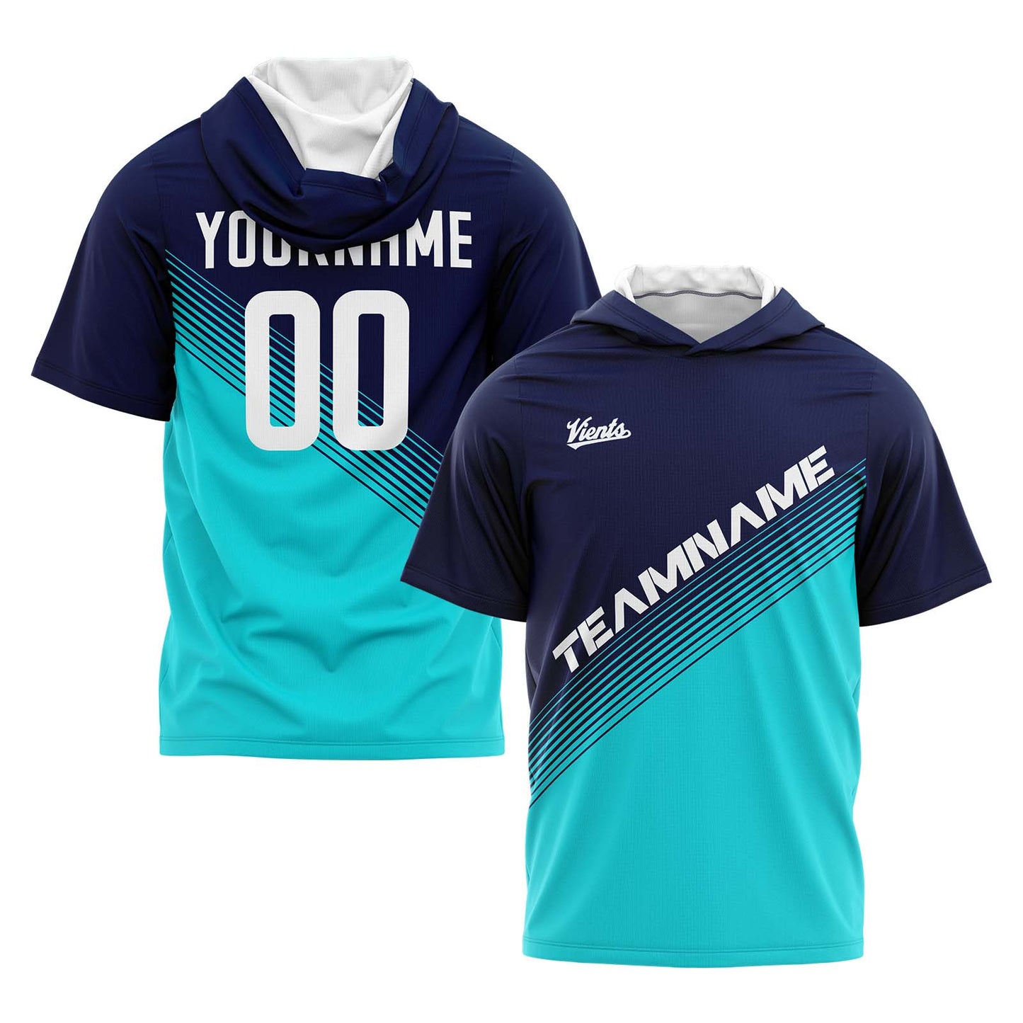 Custom Navy Teal Hooded T-Shirt Short Sleeve Hoodies for Men Women Shirts with Hoods Printed Name Logo