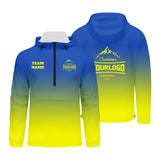 Custom Blue Yellow Windproof Softshell  Hooded Jacket - Lightweight Full - Zip, Full Print Logos & Texts