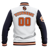 Custom White Navy Orange Waterproof Varsity Jackets Personalized Stitched Name Number Logo to Letterman Jackets