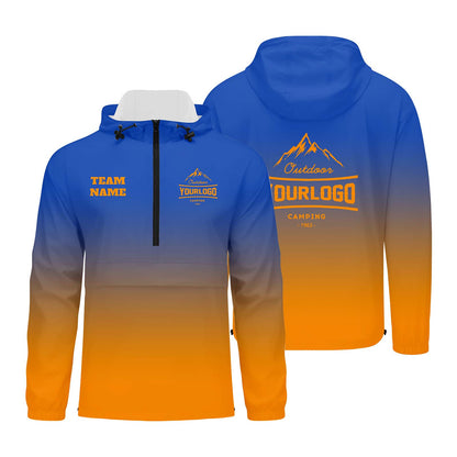 Custom Blue Orange Windproof Softshell  Hooded Jacket - Lightweight Full - Zip, Full Print Logos & Texts