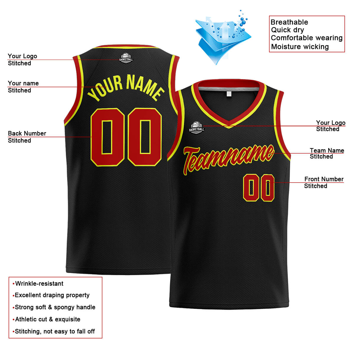 Custom Stitched Basketball Jersey for Men, Women  And Kids Black-Red-Neon Yellow