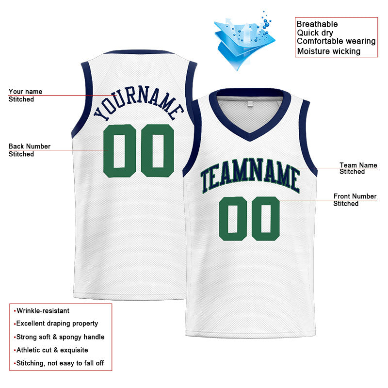 Custom Stitched Basketball Jersey for Men, Women And Kids White-Navy-Green