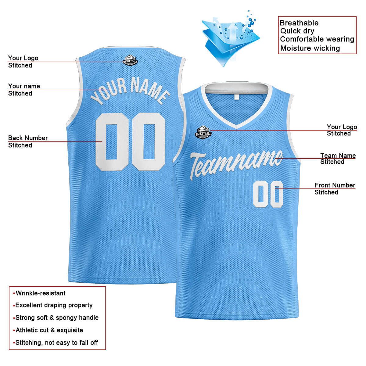 Custom Stitched Basketball Jersey for Men, Women  And Kids Light Blue-White