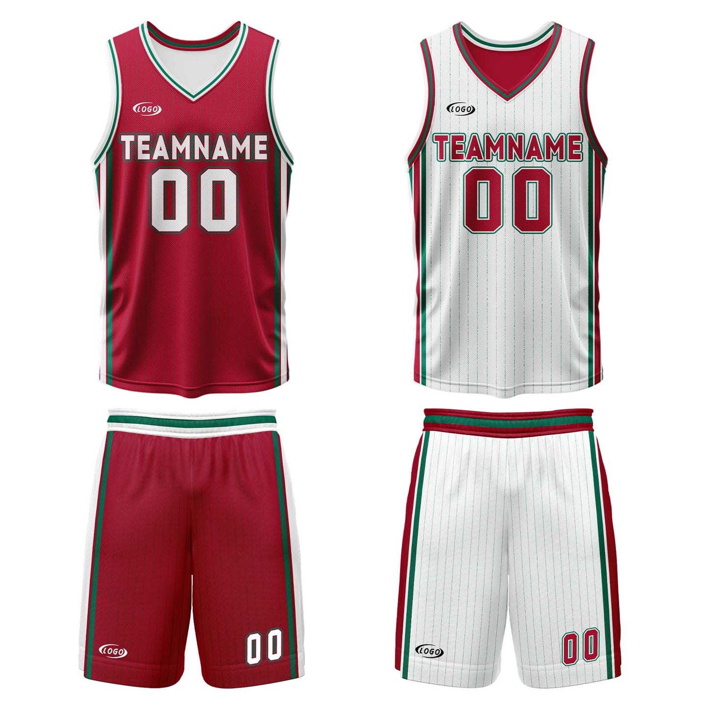 Custom Red White Green Reversible Basketball Suit for Adults and Kids Personalized Jersey