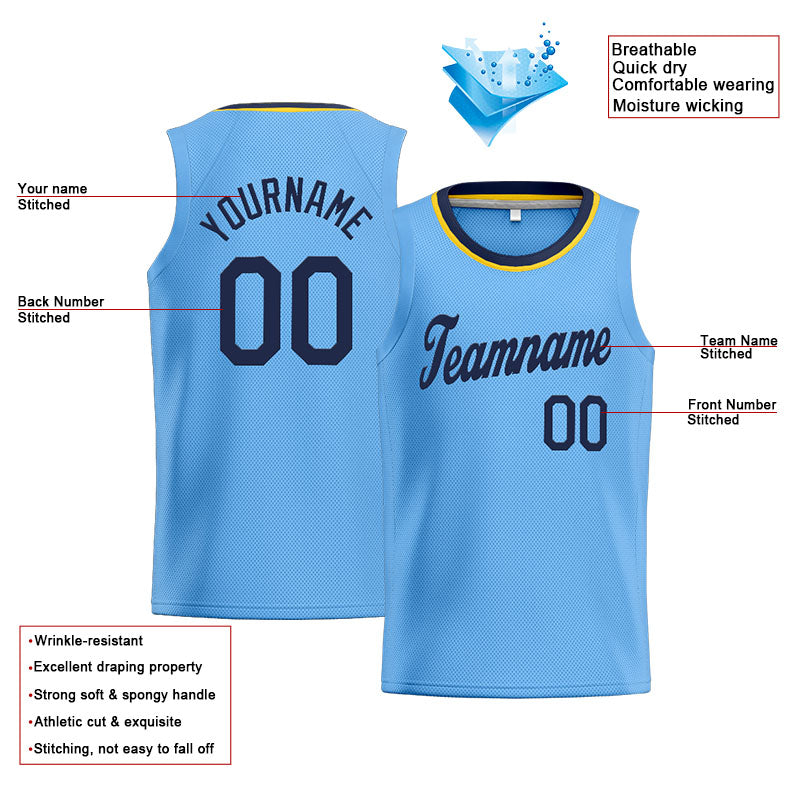 Custom Stitched Basketball Jersey for Men, Women And Kids Light Blue-Navy-Yellow
