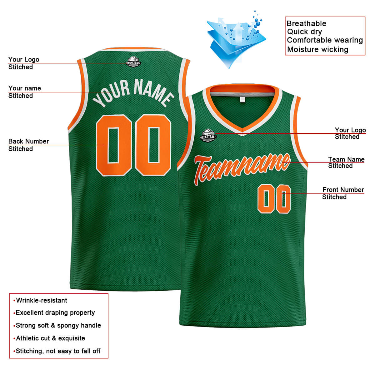 Custom Stitched Basketball Jersey for Men, Women  And Kids Green-Orange-White