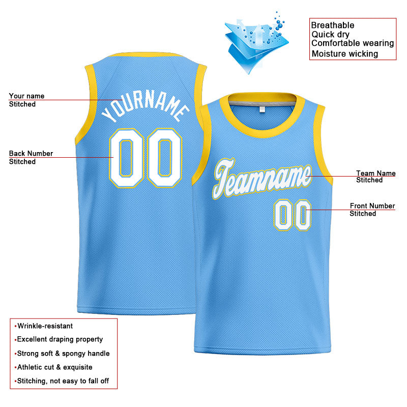Custom Stitched Basketball Jersey for Men, Women And Kids Light Blue-White-Yellow