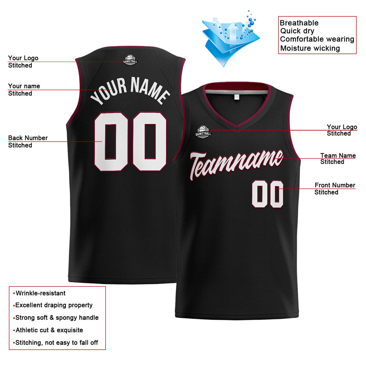 Custom Stitched Basketball Jersey for Men, Women  And Kids Black-Burgundy-White