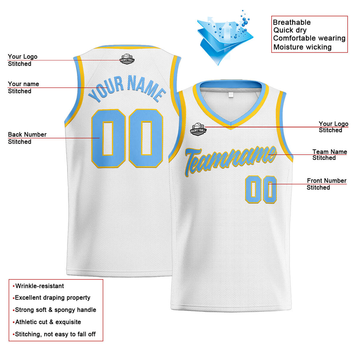 Custom Stitched Basketball Jersey for Men, Women  And Kids White-Light Blue-Yellow