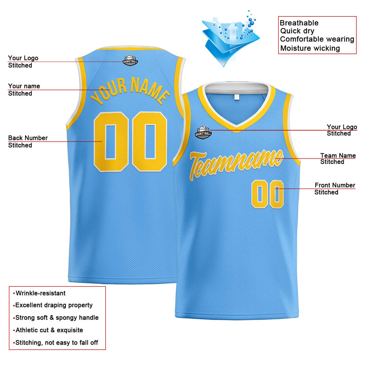 Custom Stitched Basketball Jersey for Men, Women  And Kids Light Blue-Yellow