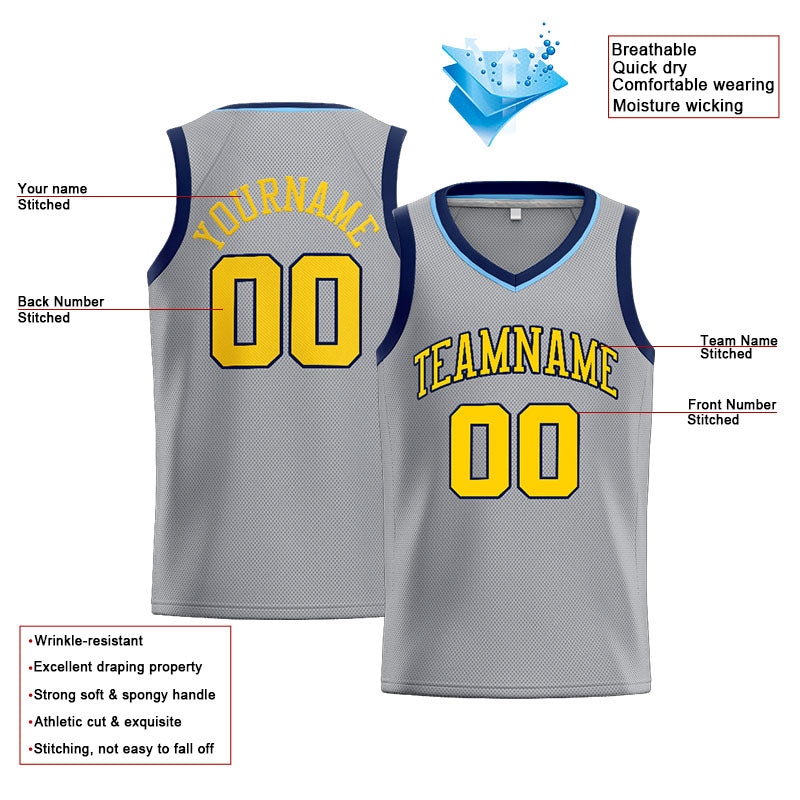 Custom Stitched Basketball Jersey for Men, Women And Kids Gray-Yellow-Navy
