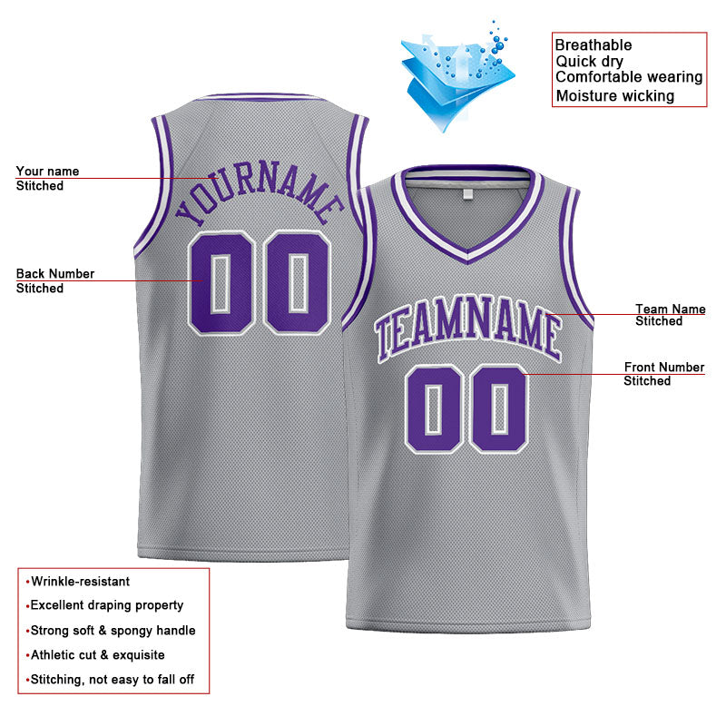 Custom Stitched Basketball Jersey for Men, Women And Kids Gray-Purple-White