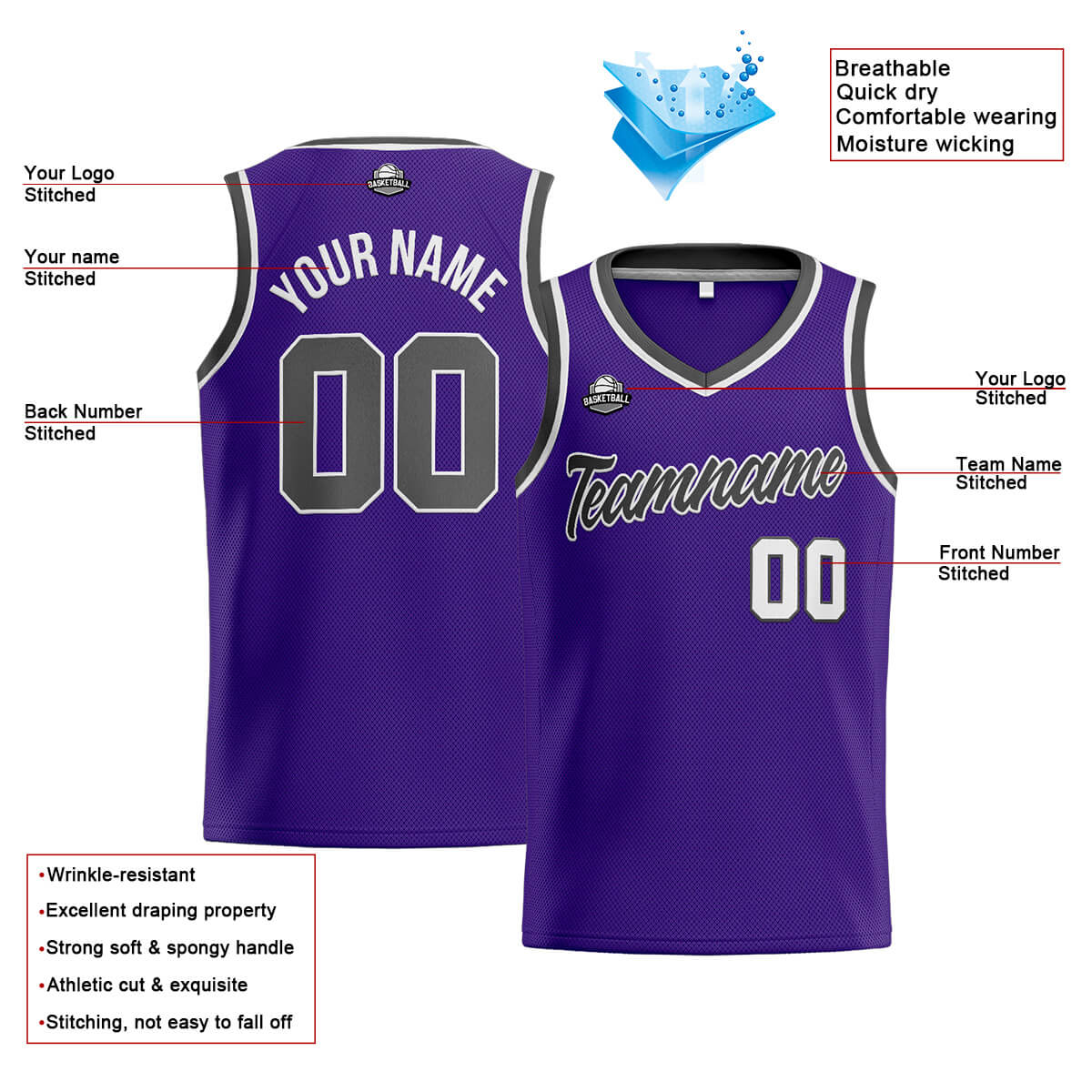 Custom Stitched Basketball Jersey for Men, Women  And Kids Purple-Dark Gray
