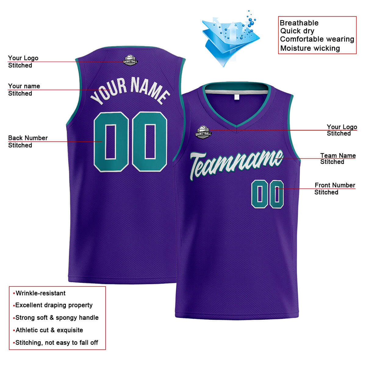 Custom Stitched Basketball Jersey for Men, Women  And Kids Purple-Teal