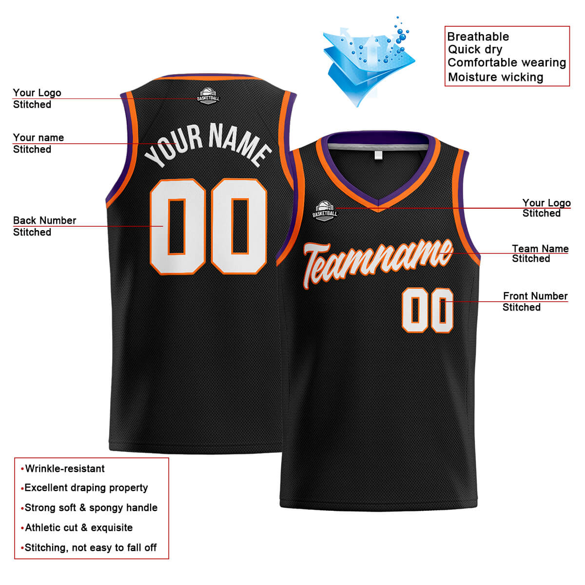 Custom Stitched Basketball Jersey for Men, Women  And Kids Black-Orange-Purple
