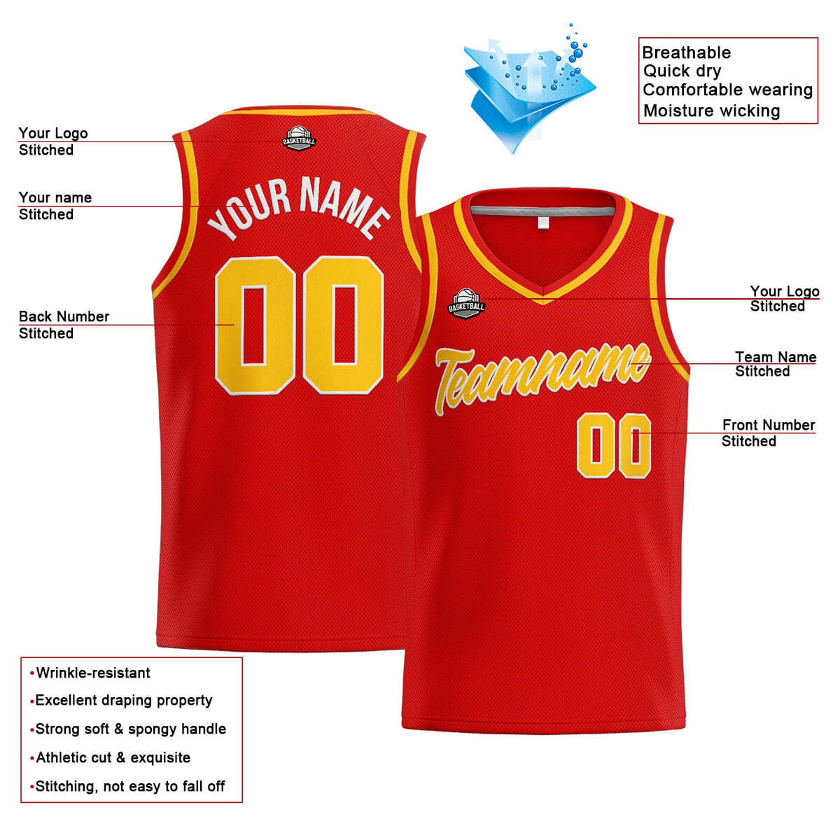 Custom Stitched Basketball Jersey for Men, Women  And Kids Red-Yellow