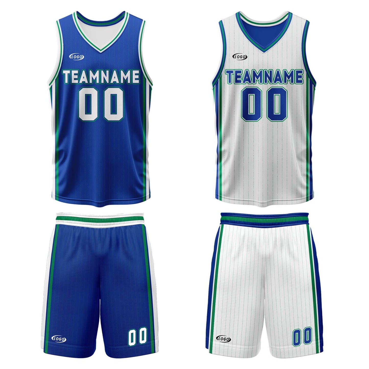 Custom Blue White Green Reversible Basketball Suit for Adults and Kids Personalized Jersey