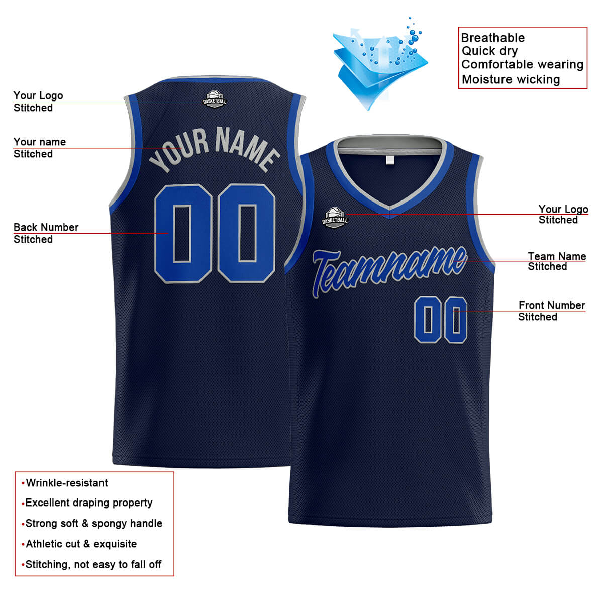 Custom Stitched Basketball Jersey for Men, Women  And Kids Navy-Royal-Gray