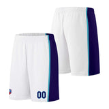 Custom basketball jersey shorts for men and women. Embroidered and printed name, number and logo White&Purple