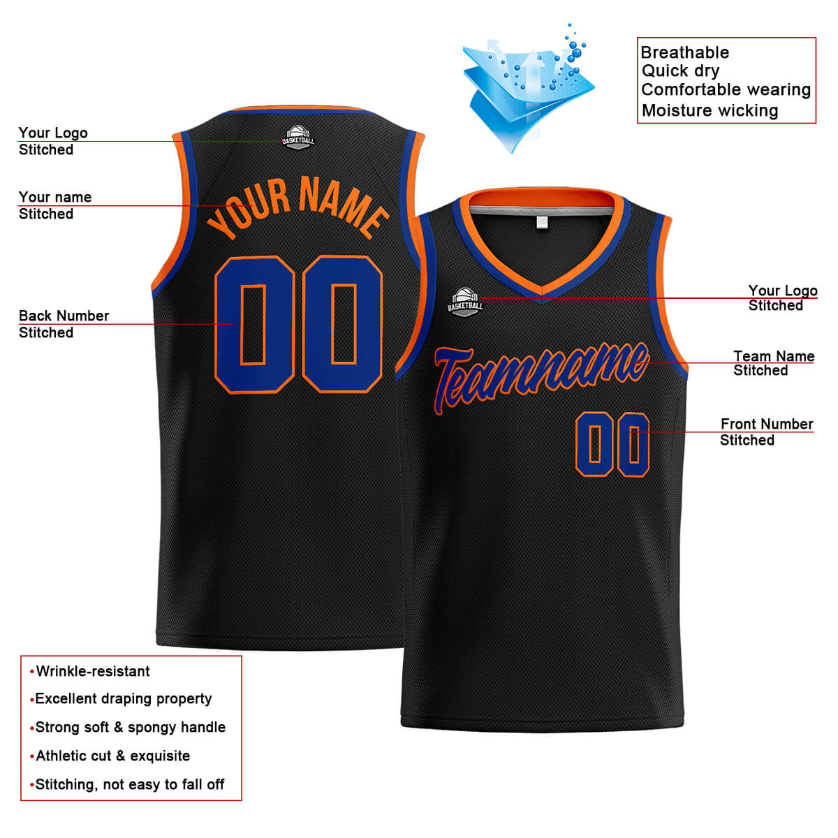 Custom Stitched Basketball Jersey for Men, Women  And Kids Black-Royal-Orange