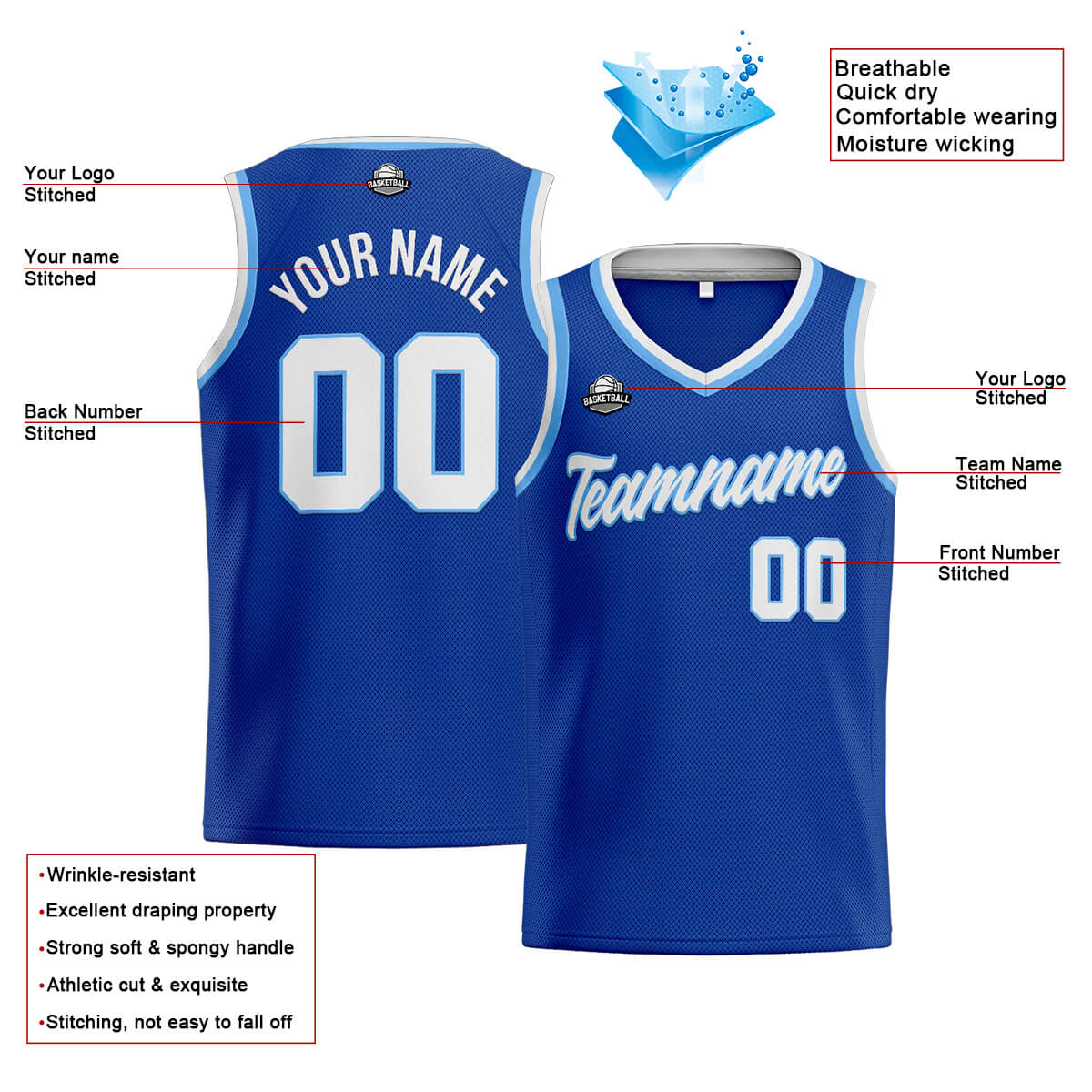 Custom Stitched Basketball Jersey for Men, Women  And Kids Royal-White-Light Blue