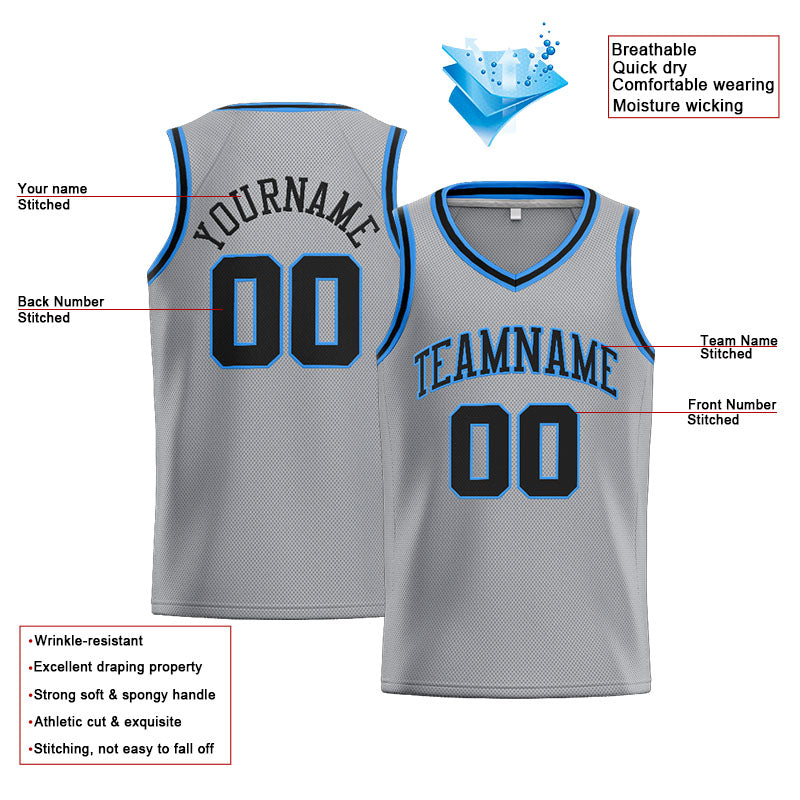 Custom Stitched Basketball Jersey for Men, Women And Kids Gray-Black-Light Blue