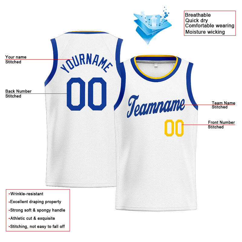Custom Stitched Basketball Jersey for Men, Women And Kids White-Blue-Yellow
