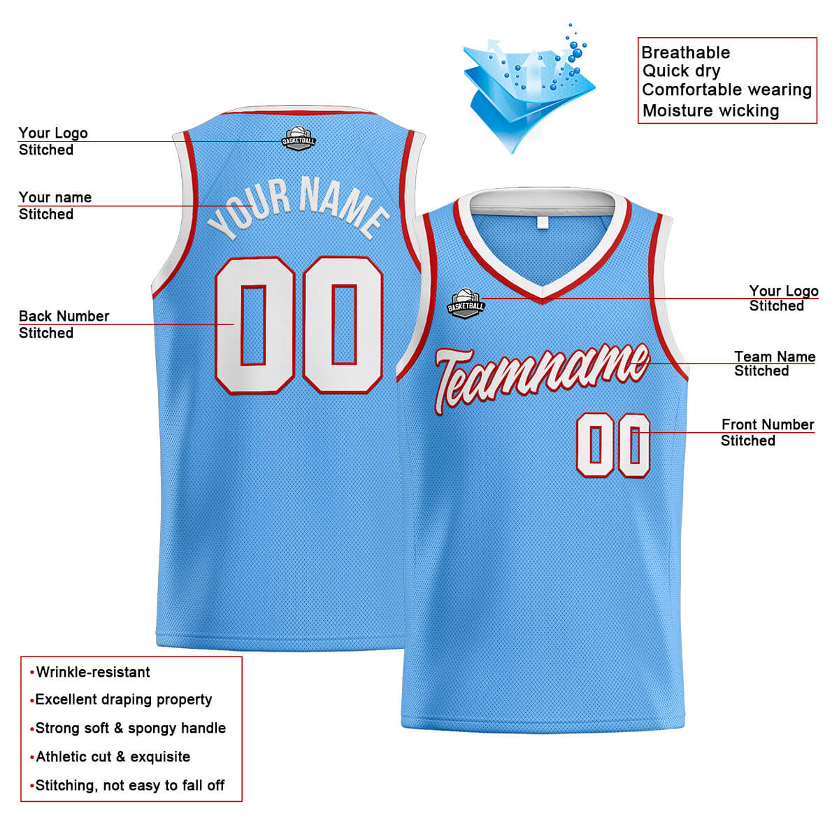 Custom Stitched Basketball Jersey for Men, Women  And Kids Light Blue-White-Red