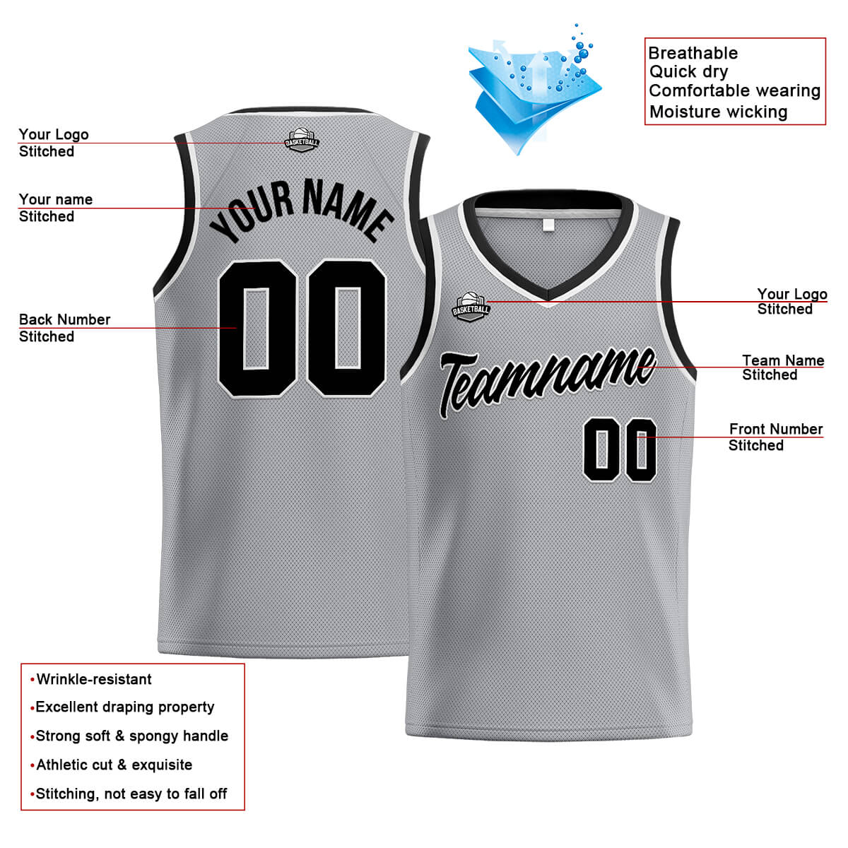 Custom Stitched Basketball Jersey for Men, Women  And Kids Gray-Black